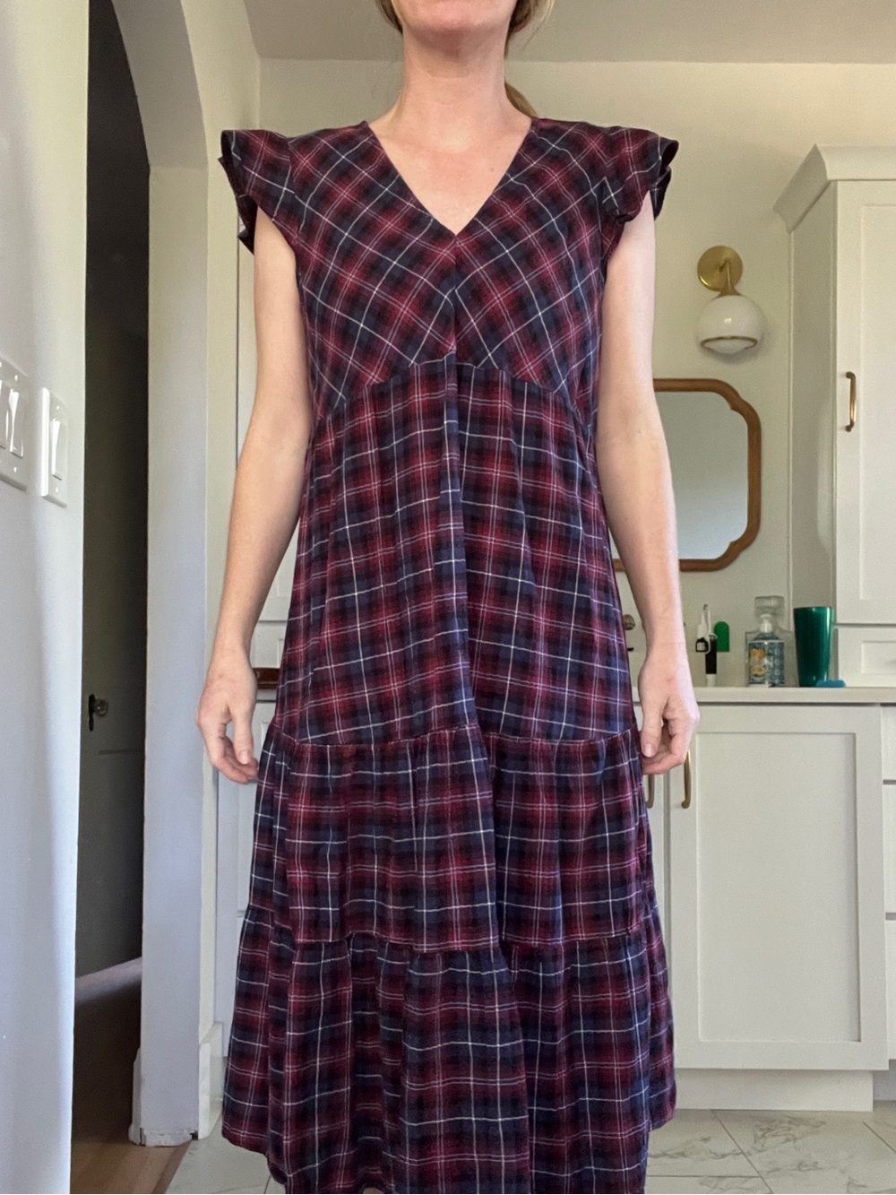Hatch cotton Plaid V-Neck Tiered Midi Dress - Burgundy Plaid